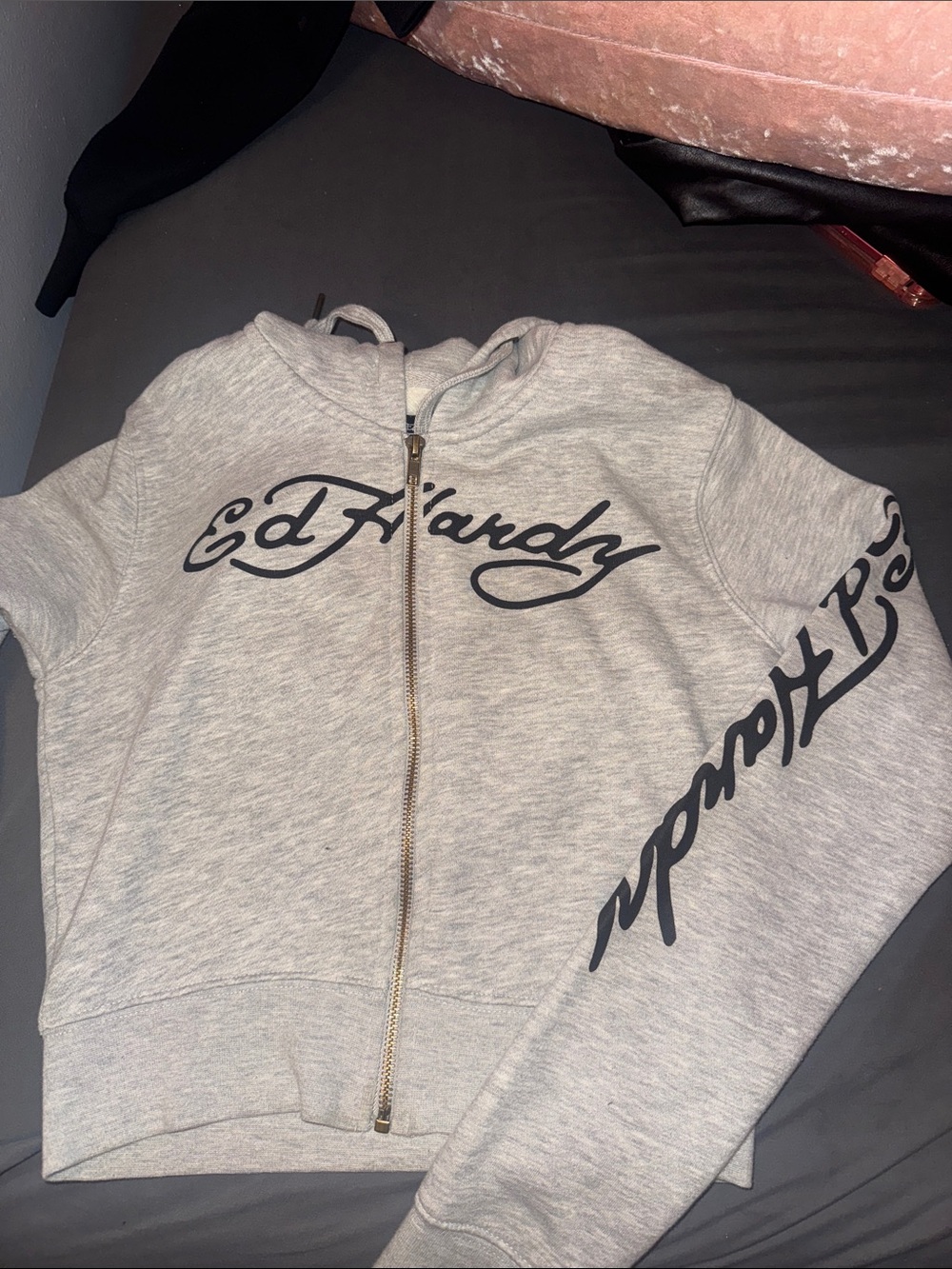 Ed Hardy Light Gray Zip-Up Hoodie with Black Script